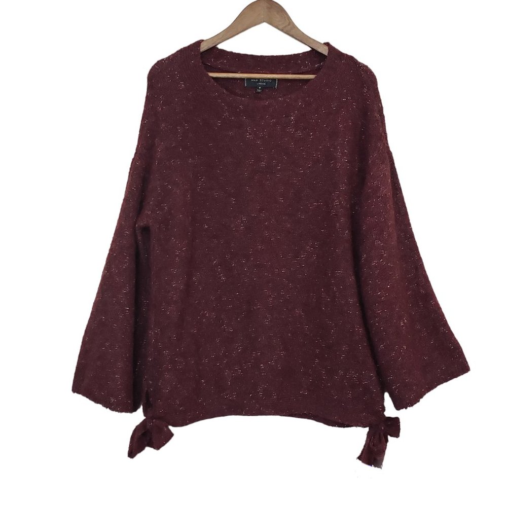 Max Studio London Wool Blend Crew Neck Side Tie Pull Over Sweater Maroon SZ M